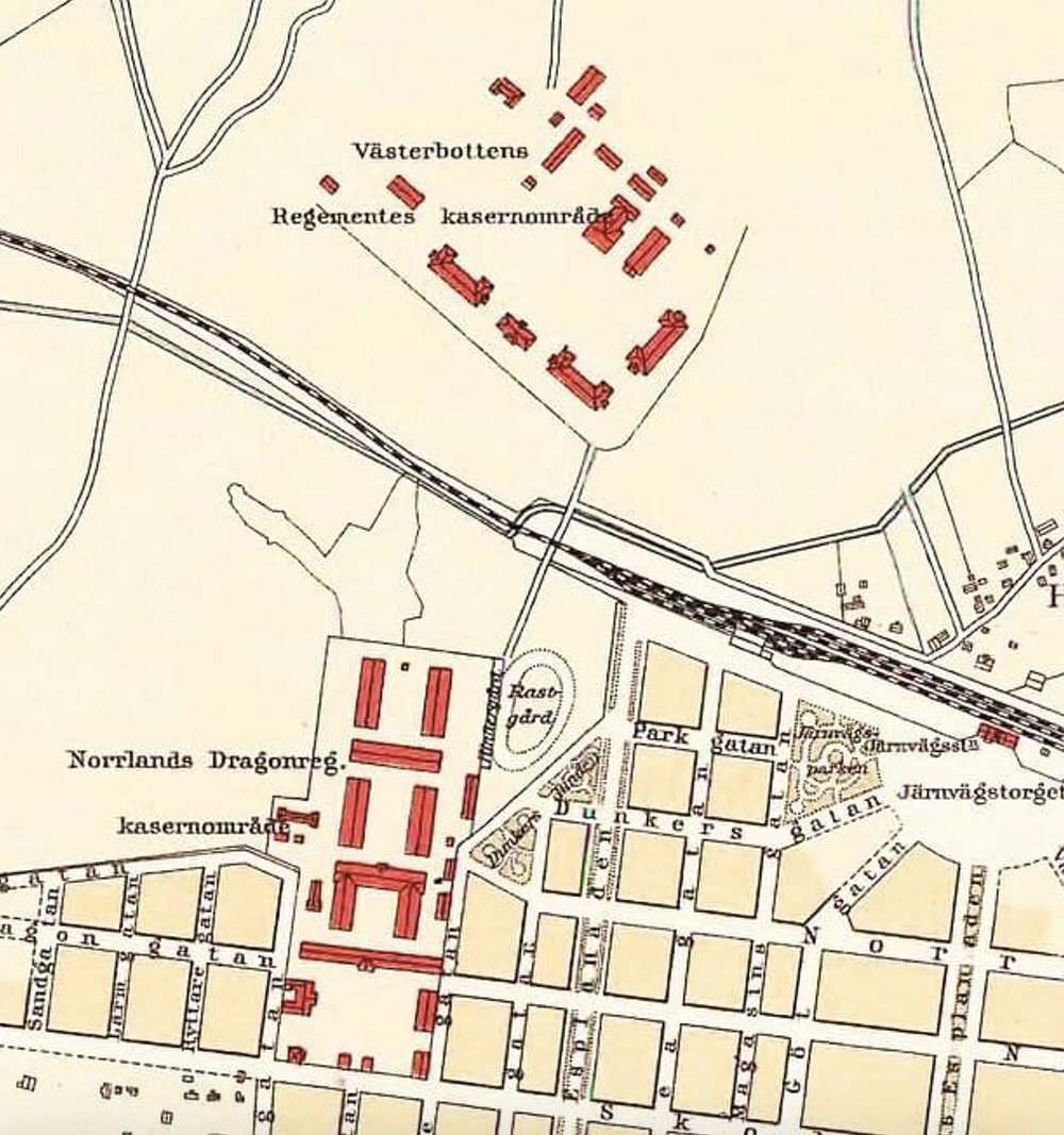 Del av karta upprättad 1913 av stadsingenjör Olander (renritad) med bägge regementsområdena.